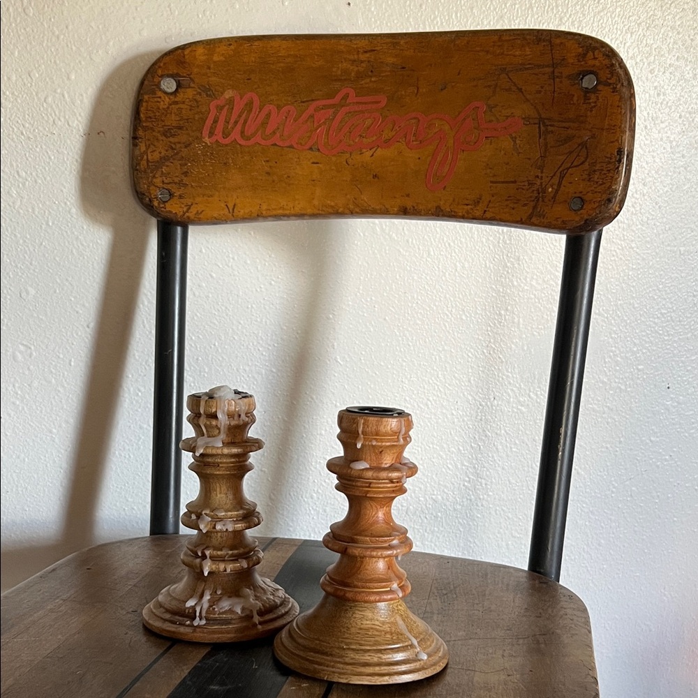 Pair of wooden threshold taper candle stick holders
